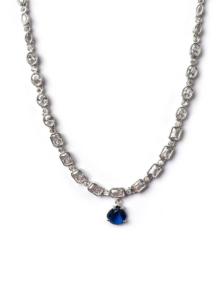 Sleek Silver Finish Ad Necklace Set-Ad145 : AD145BLUE