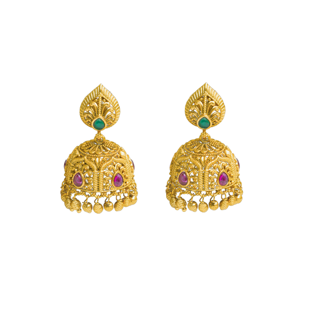Antique Finish South Indian Temple Jhumka Earrings With Green & Ruby Stones : R-1164
