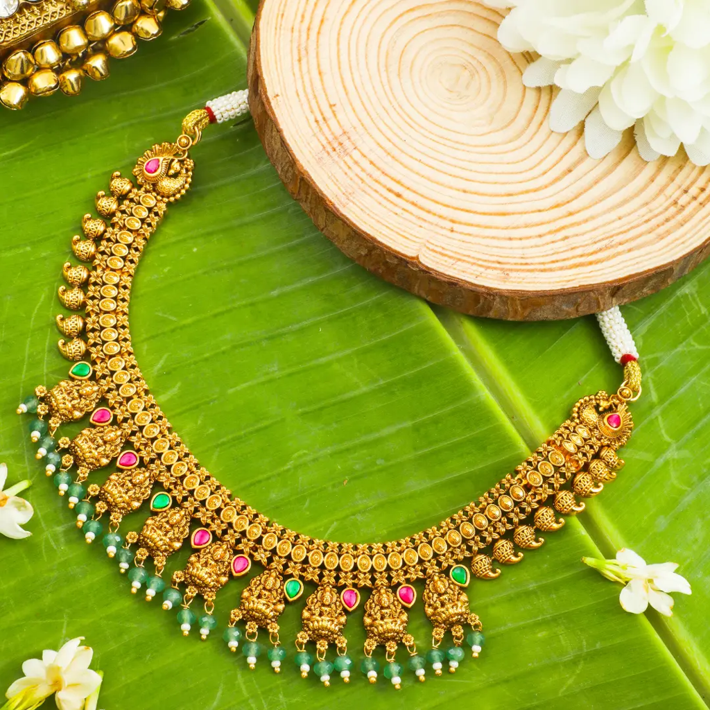 1 Gram Gold Plated Choker Necklace | Temple Motif Short Necklace Set : J-703