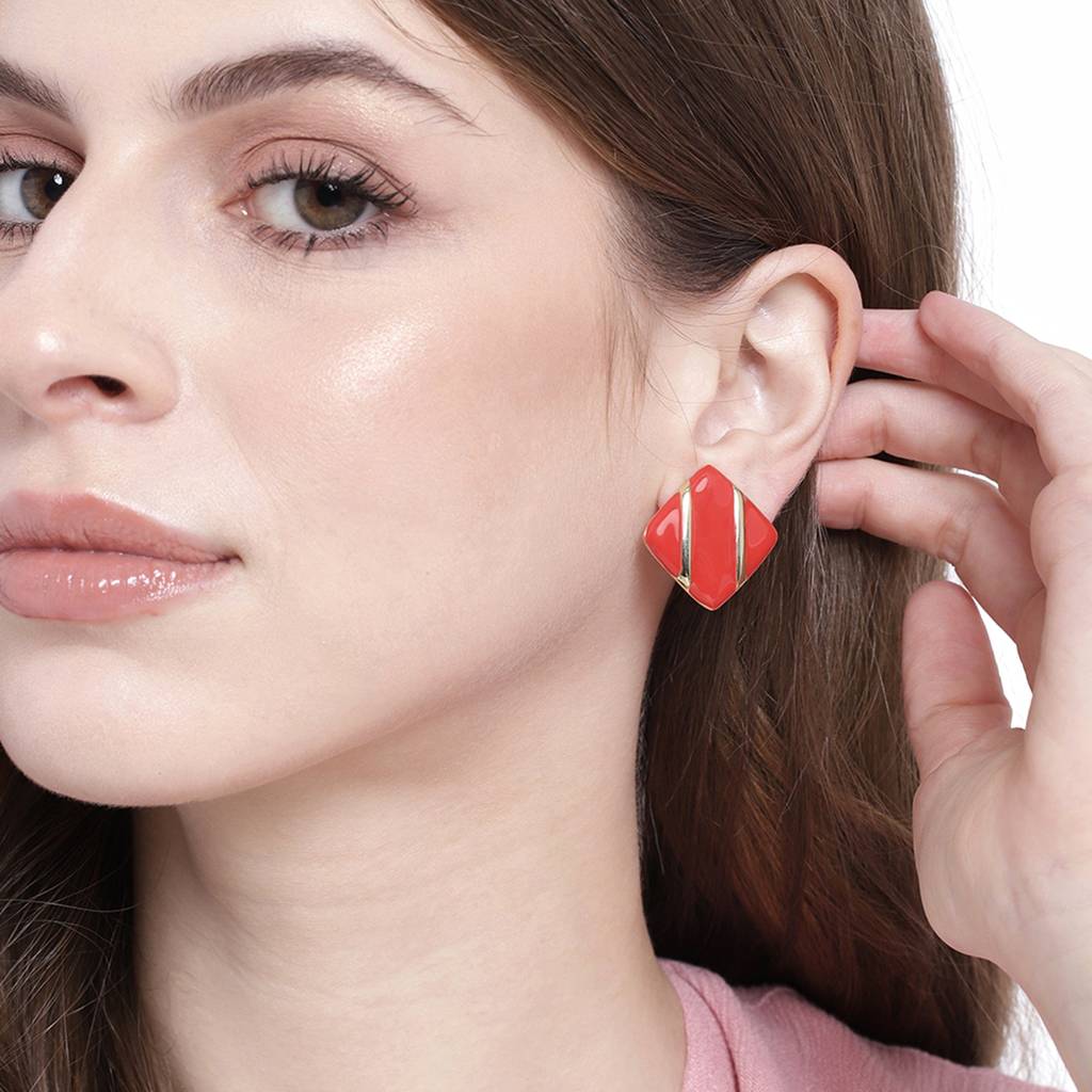 Estele Gold Plated Square Shaped Stud Earrings With Red Enamel For Women : 671709ER