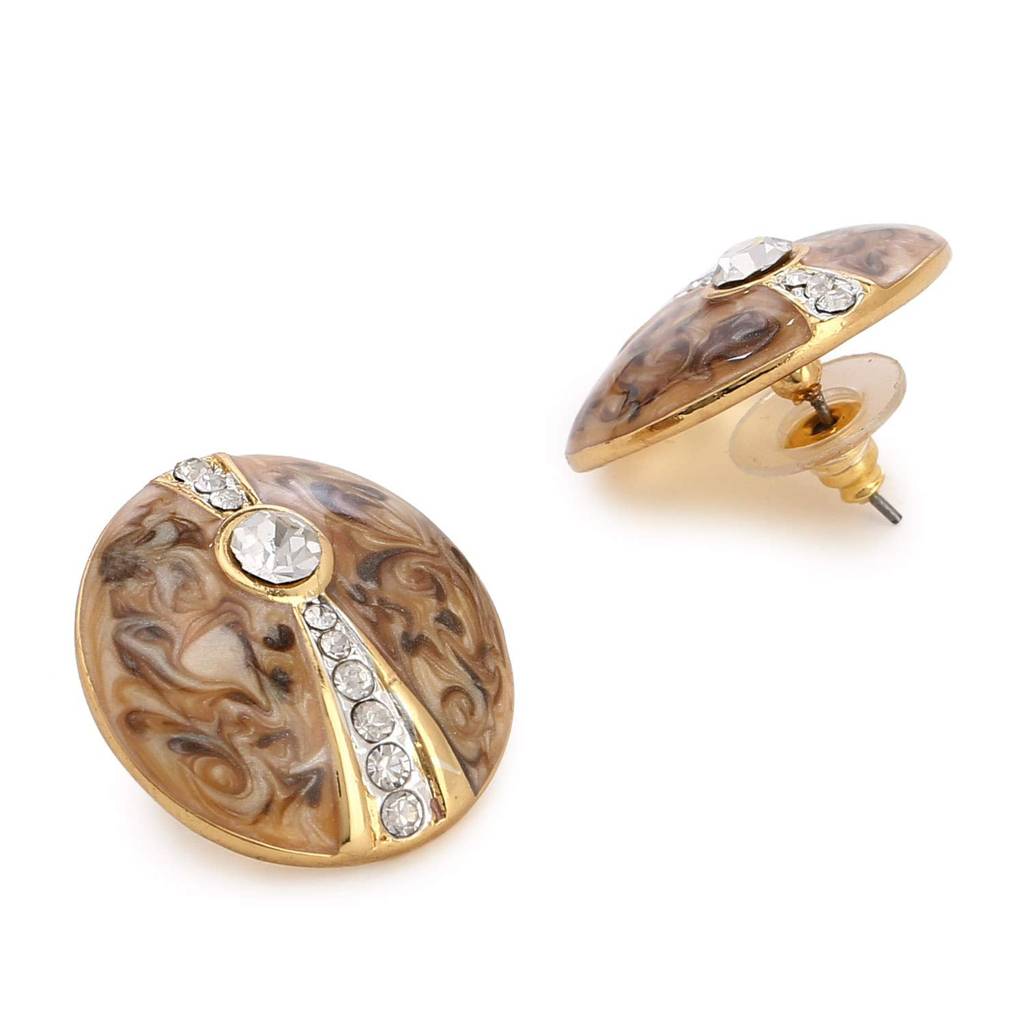 Estele Gold Plated Round Shaped Stud Earrings With Enamel For Women : 671728GP-BEIGEER