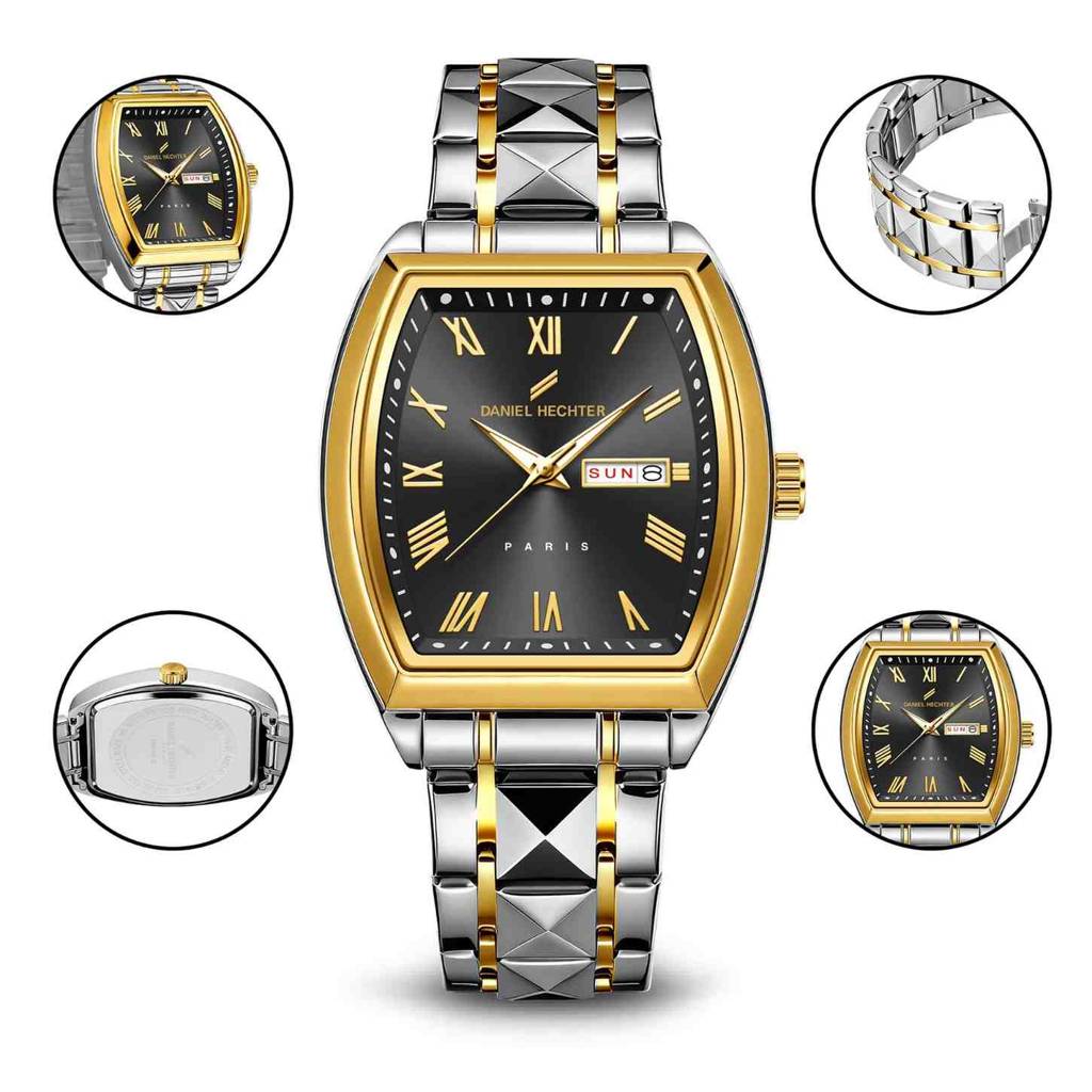 Daniel Hechter Duroc Collection Luxury Watch For Men With Roman Indices, Day-Date Display And Two-Tone Studded St : DHM1025-11