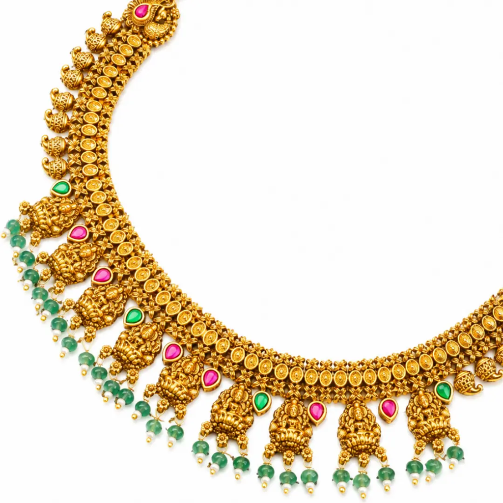 1 Gram Gold Plated Choker Necklace | Temple Motif Short Necklace Set : J-703