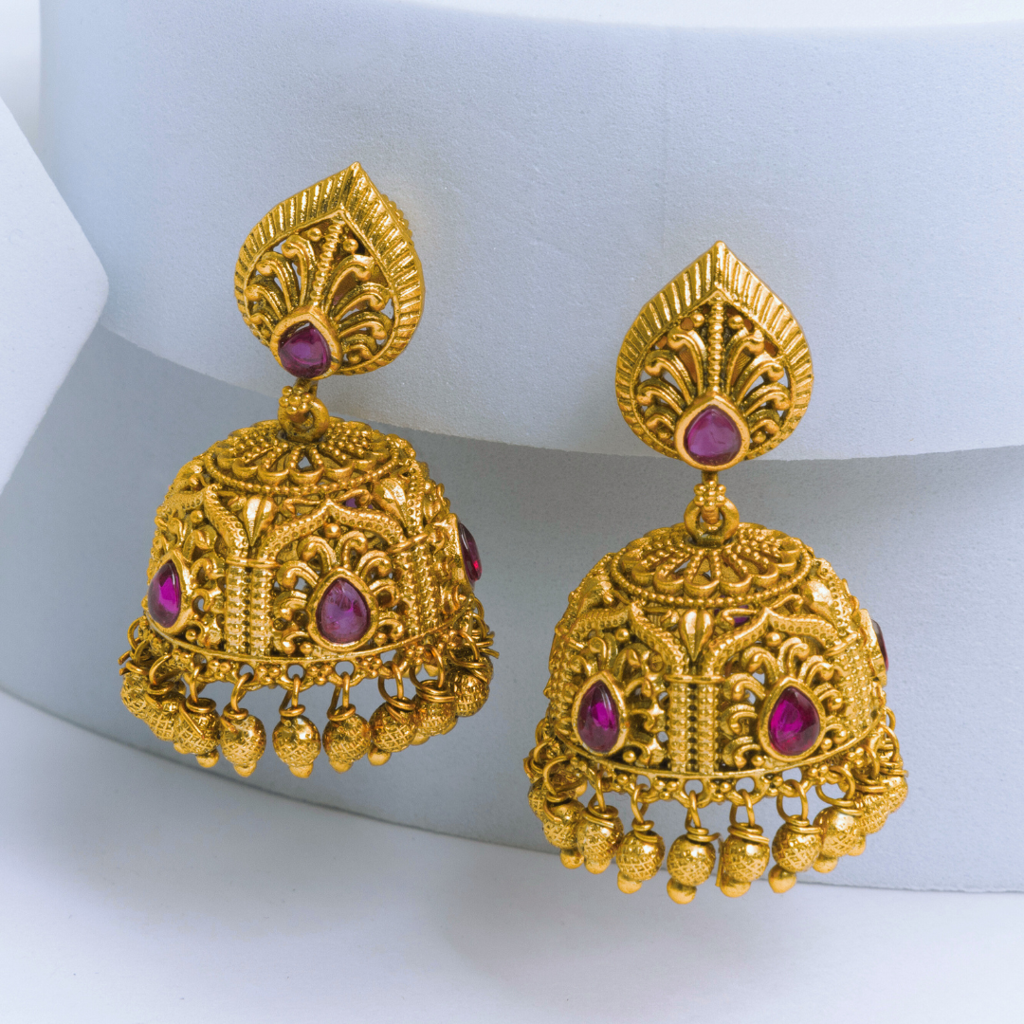 Antique Finish South Indian Temple Jhumka Earrings With Green & Ruby Stones : R-1164