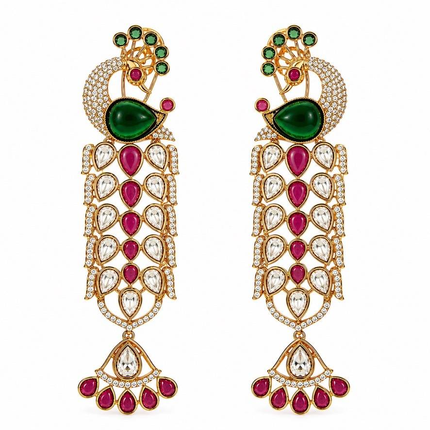Peacock Motif Polki Statement Earrings : PR-285E