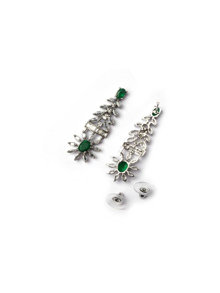Silver Plated American Diamond Studded Dual Shade Necklace Set : AD142Green