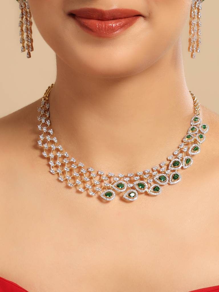 Eternz Certified Jewellery - Nuyug American Diamond Emerald Fern Dew Necklace Set (One Size)
