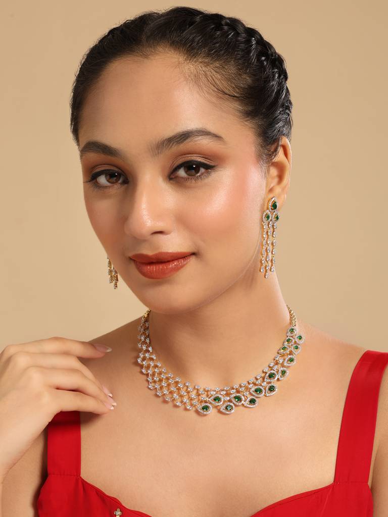 American Diamond Emerald Fern Dew Necklace Set : YI24A0591N