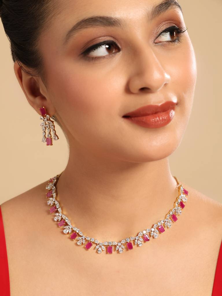 American Diamond Ruby Rhythm Necklace Set : YI24A0604N