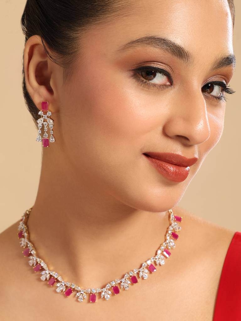American Diamond Ruby Rhythm Necklace Set : YI24A0604N