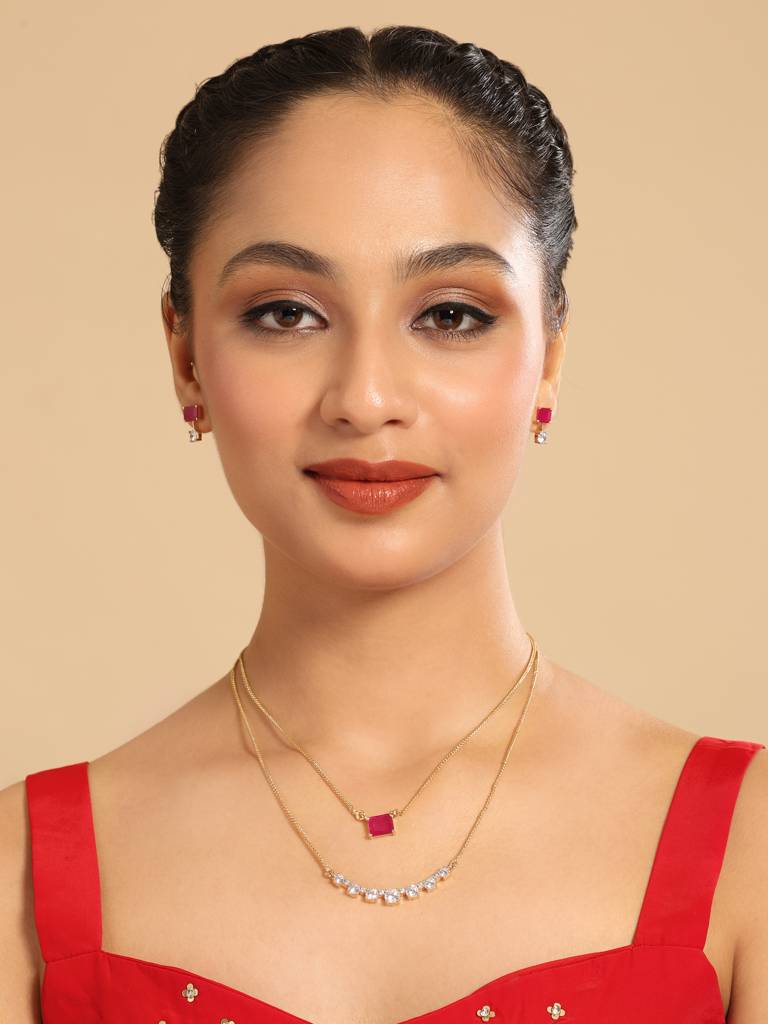 American Diamond Ruby Airia Layered Necklace Set : YI24A0576N