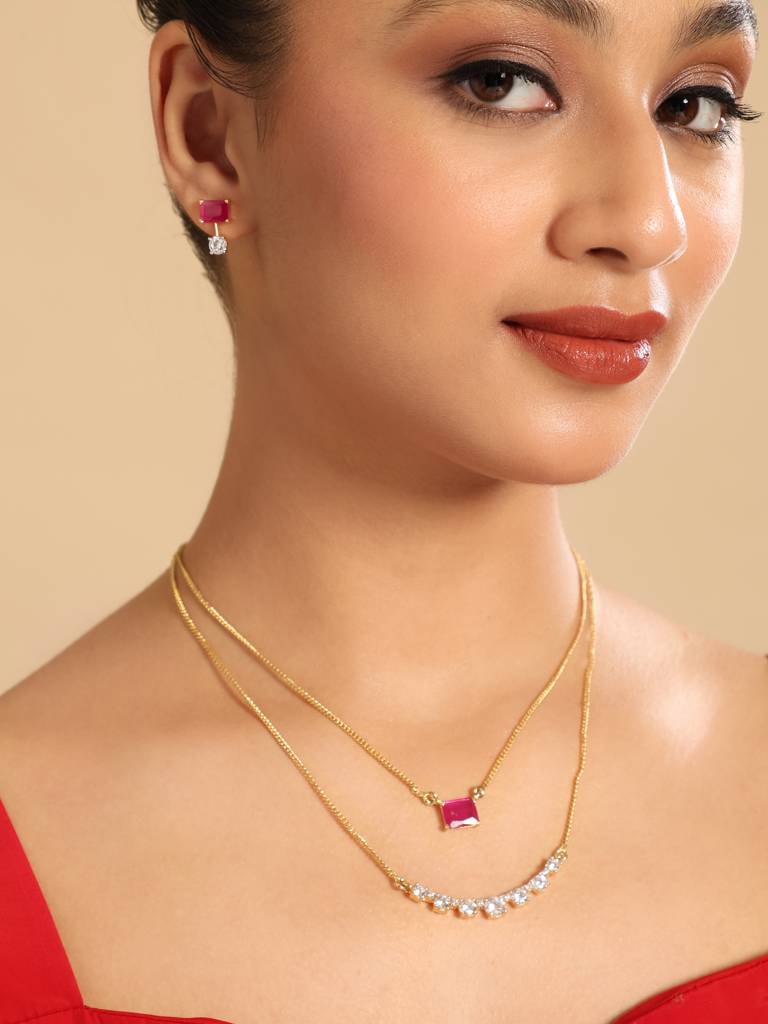 American Diamond Ruby Airia Layered Necklace Set : YI24A0576N