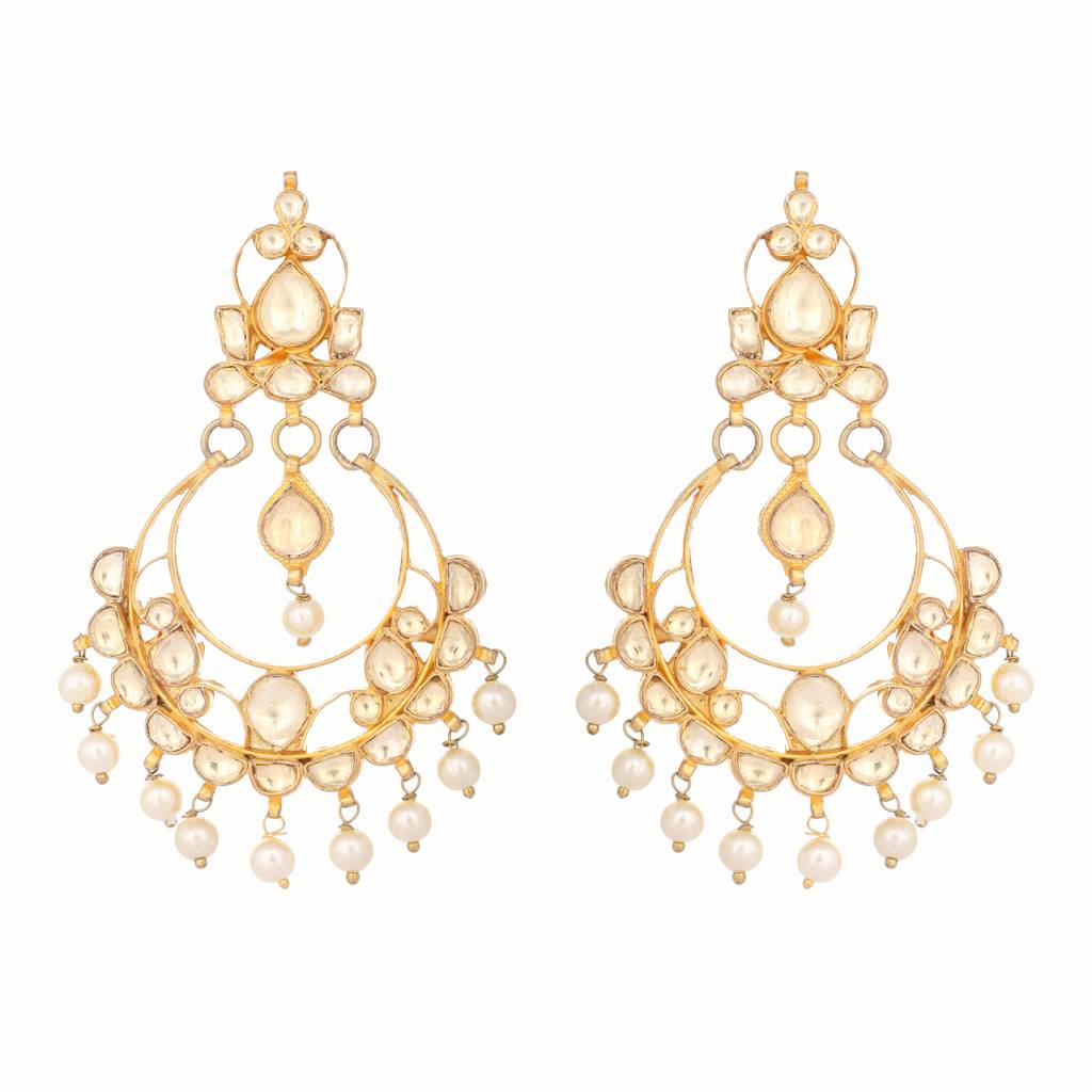 22K Gold Plated Pearl Drop Kundan Chandbali Earrings : YI24A0321E