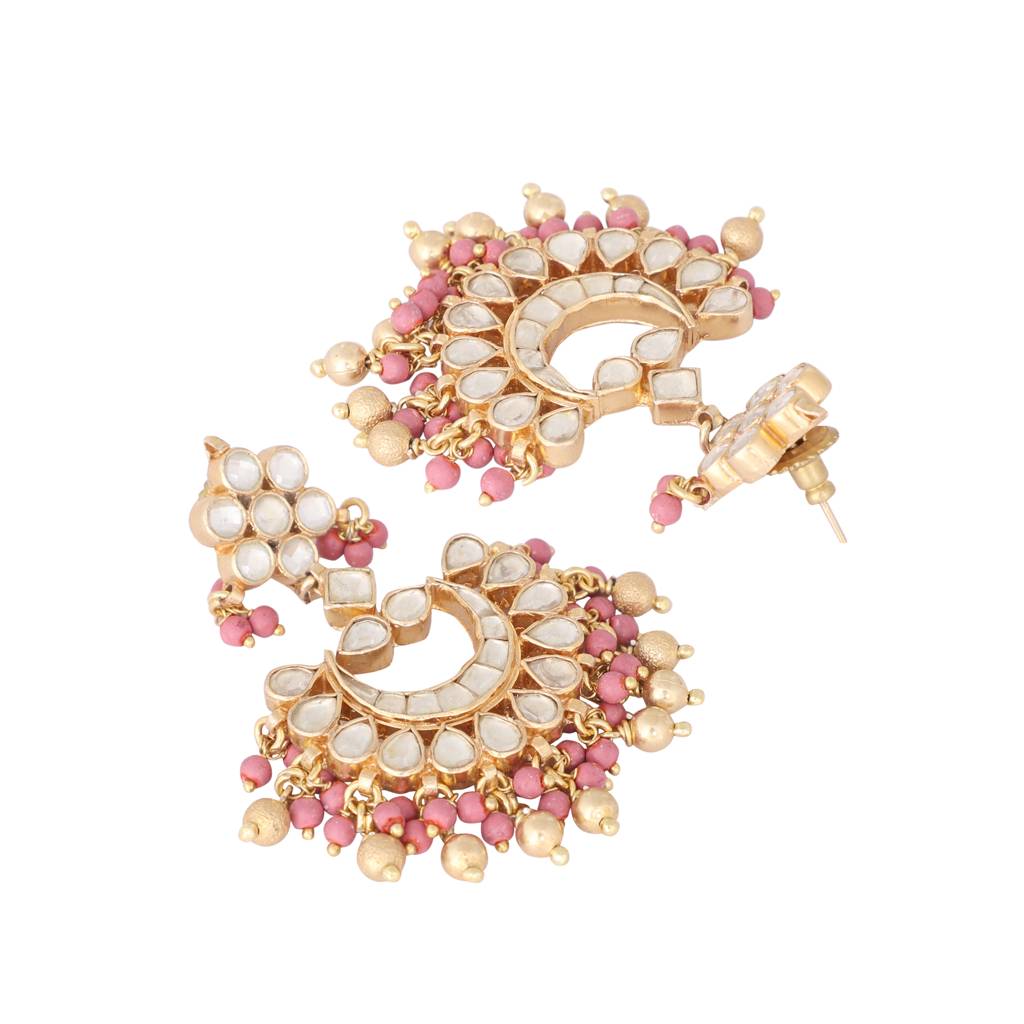 22K Gold-Plated Kundan Chandbali Earrings With Pink Stones : YI24A0343E