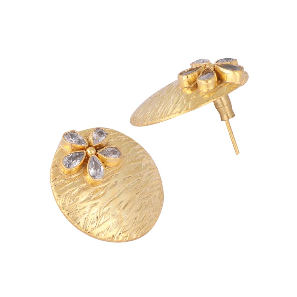 22K Gold-Plated Flower Motif Studs With Shimmering Stones : YI24A0346E