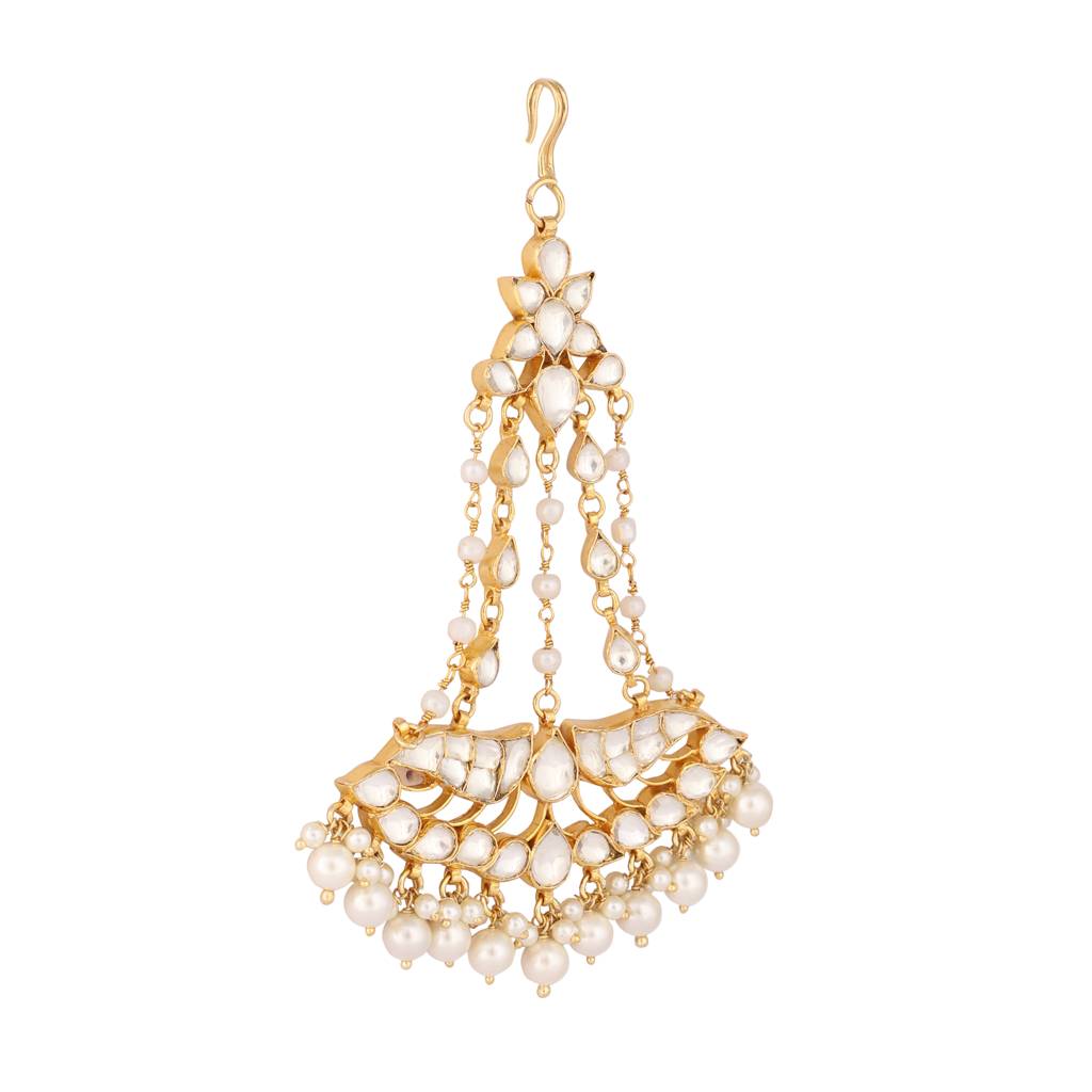 22K Gold Plated Opulent Kundan Paasa With Green Stones & Pearls : YI24A0335H