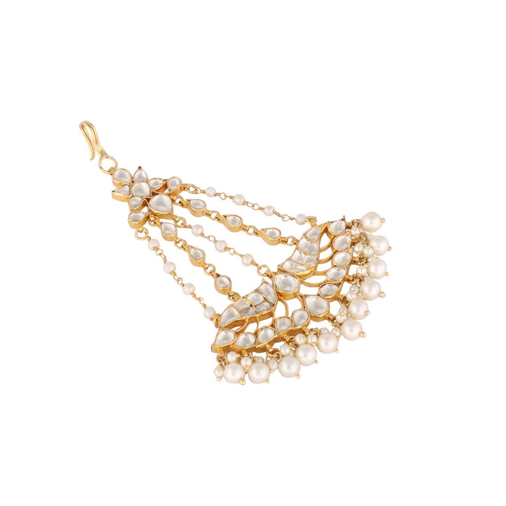 22K Gold Plated Opulent Kundan Paasa With Green Stones & Pearls : YI24A0335H