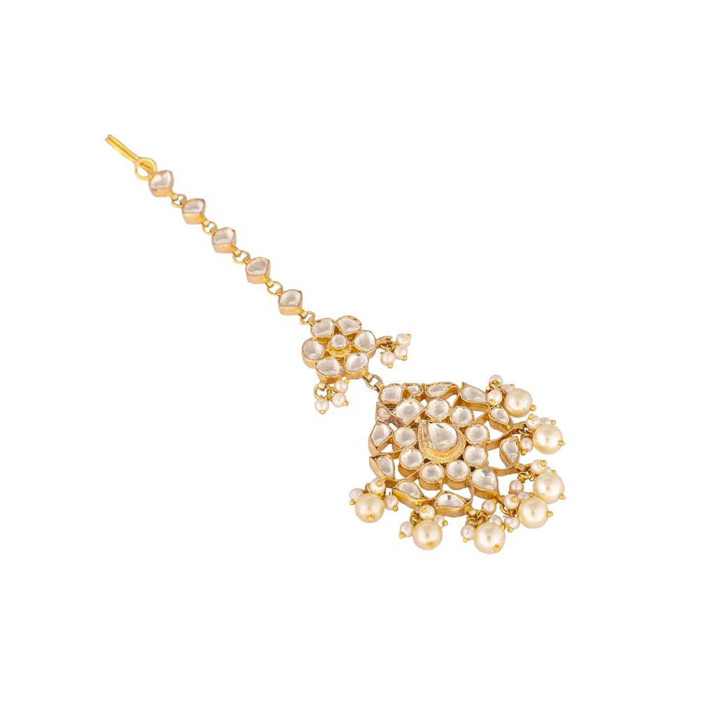 22K Gold Plated Kundan Maang Tikka With Golden Balls : YI24A0338H