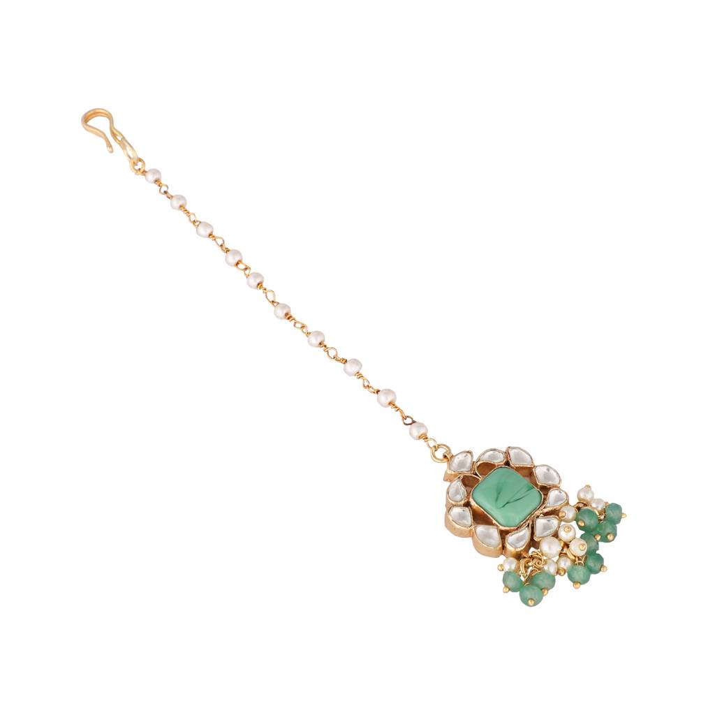 22K Gold Plated Kundan Flower Maang Tikka With Green Stones : YI24A0336H