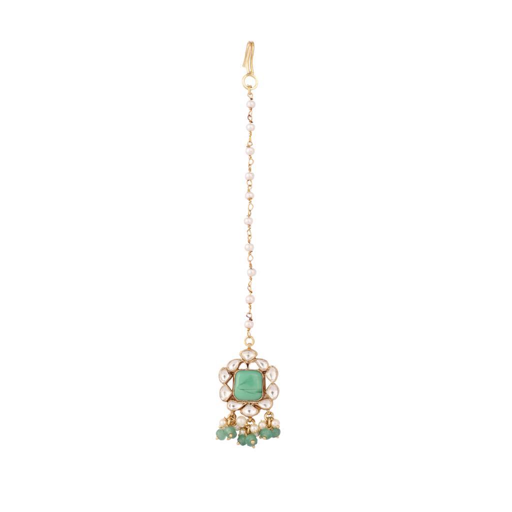 22K Gold Plated Kundan Flower Maang Tikka With Green Stones : YI24A0336H