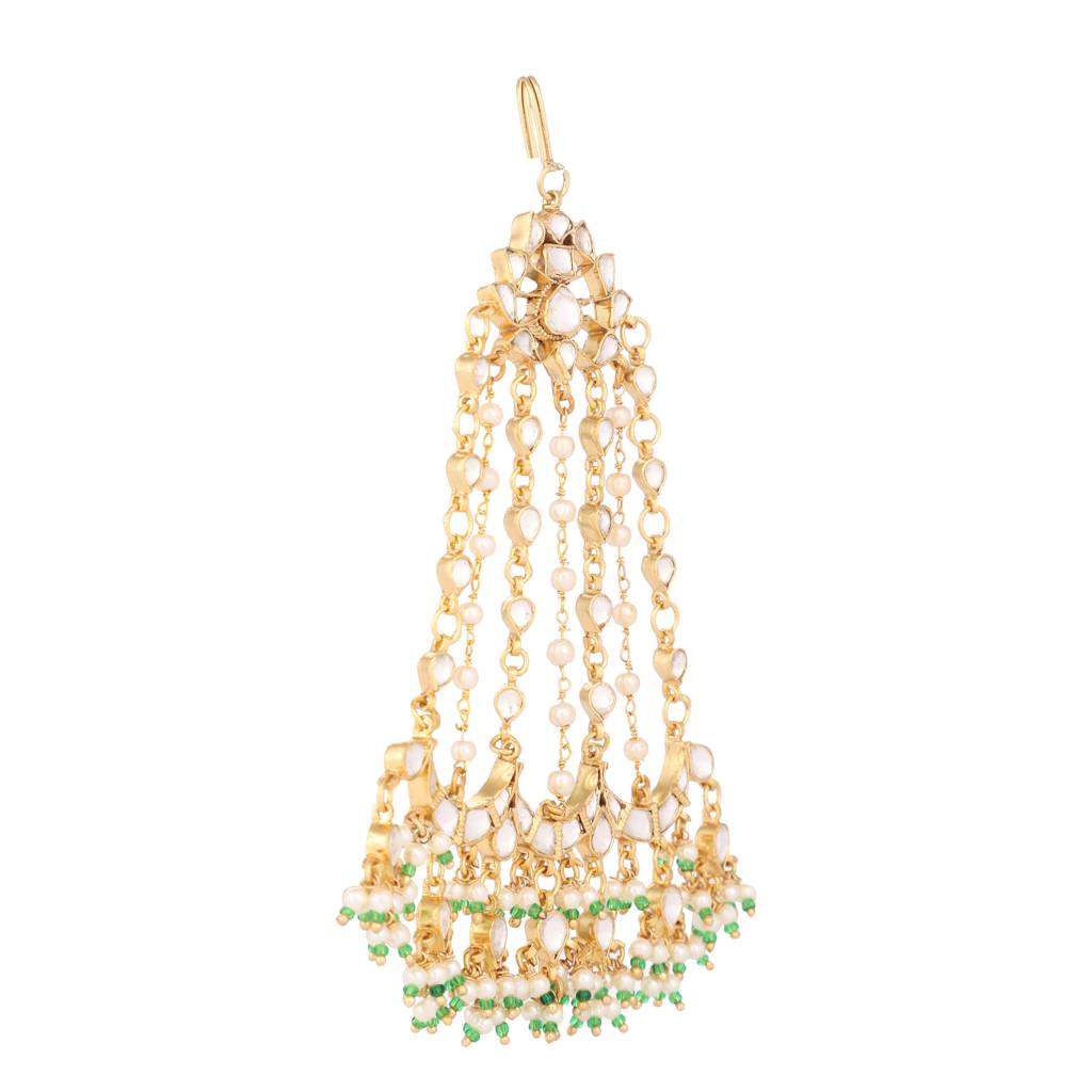 22K Gold Plated Kundan Paasa With Green Stones & Pearls : YI24A0334H