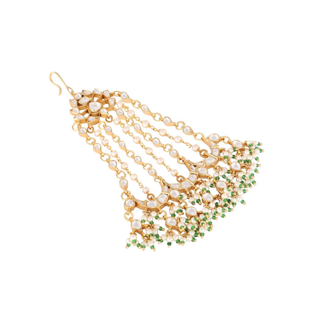 22K Gold Plated Kundan Paasa With Green Stones & Pearls : YI24A0334H