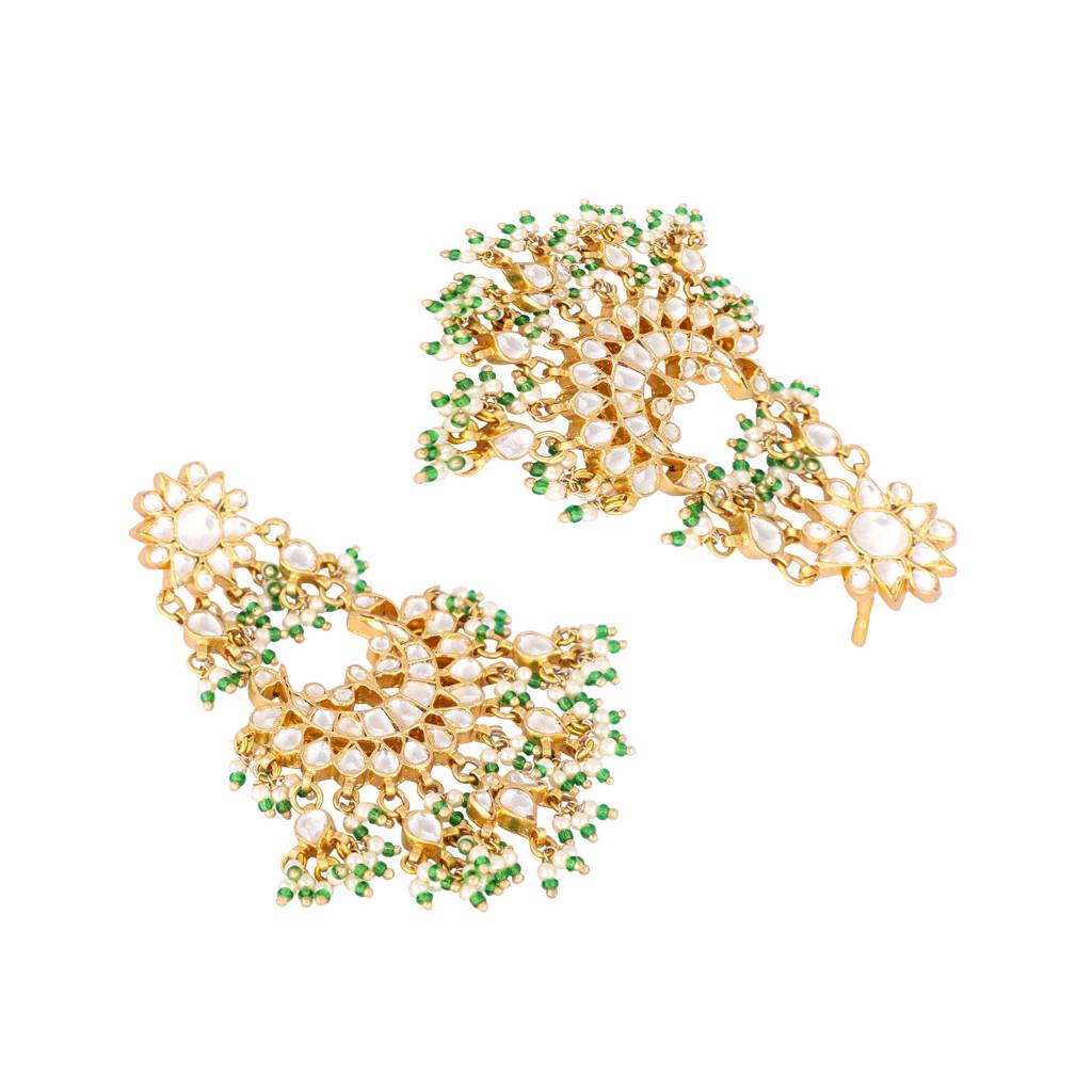 22K Gold Plated Floral Chandbali Green Kundan Earrings : YI24A0324E