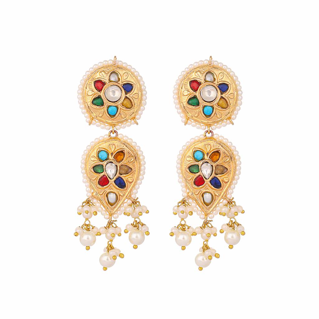 22K Gold Plated Pearl Cascade Colored Stone Earrings : YI24A0425E