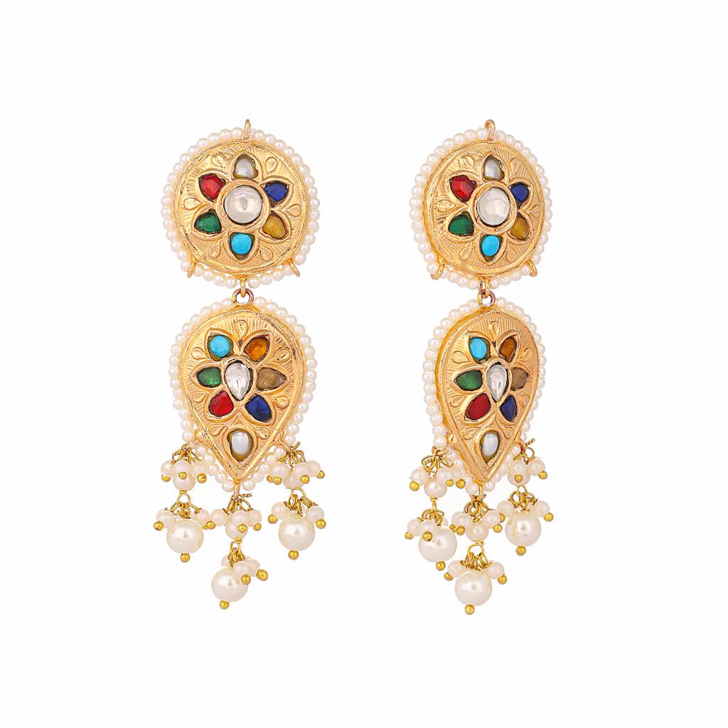 22K Gold Plated Pearl Cascade Colored Stone Earrings : YI24A0425E