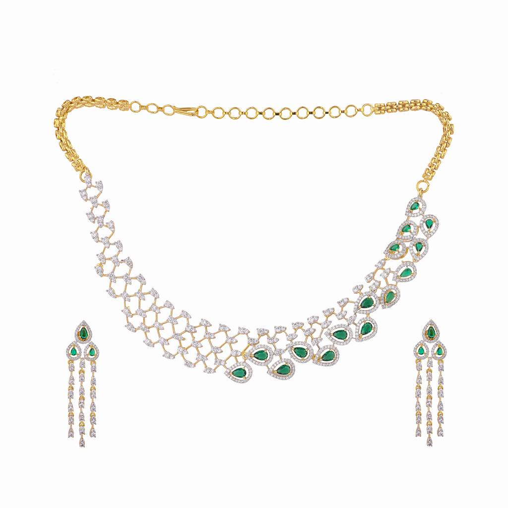 American Diamond Emerald Fern Dew Necklace Set : YI24A0591N