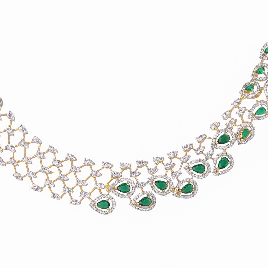 American Diamond Emerald Fern Dew Necklace Set : YI24A0591N