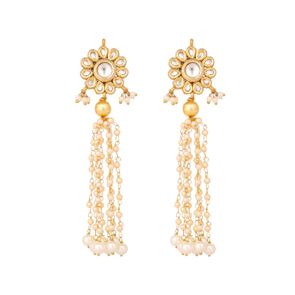 22K Gold Plated Floral Kundan Pearl Drop Studs : YI24A0426E