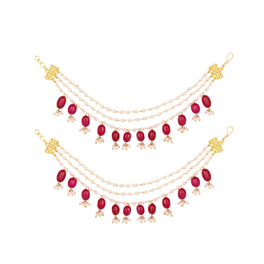 22K Gold Plated Red Stones Grace Triple Strand Pearl Earrings. : YI24A0415H