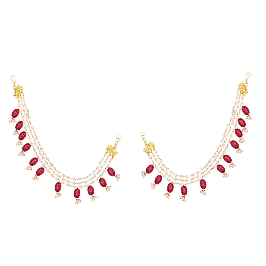 22K Gold Plated Red Stones Grace Triple Strand Pearl Earrings. : YI24A0415H