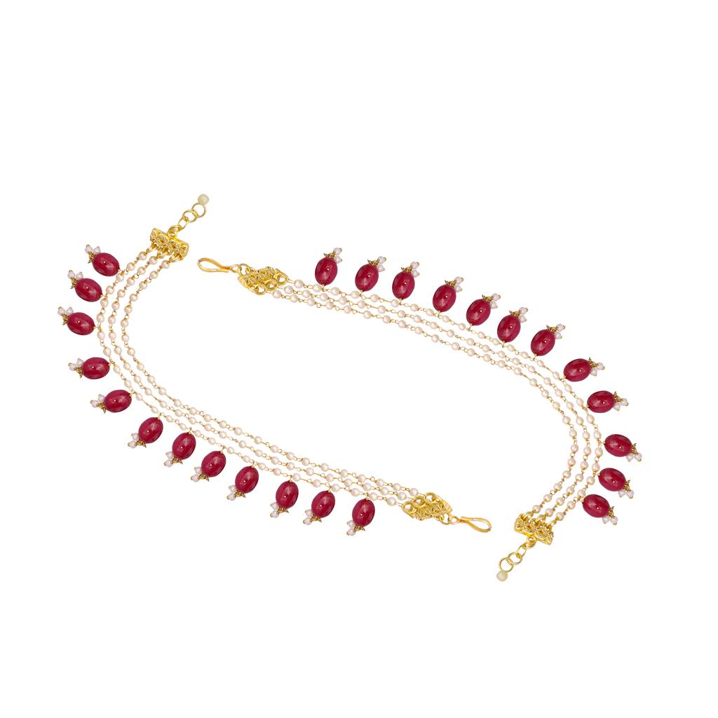 22K Gold Plated Red Stones Grace Triple Strand Pearl Earrings. : YI24A0415H