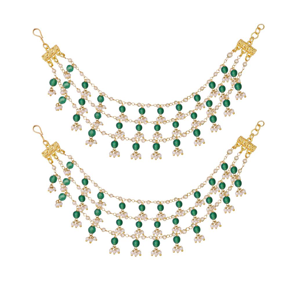 22K Gold Plated Emerald Pearls Triple Strand Ear Chain : YI24A0411H