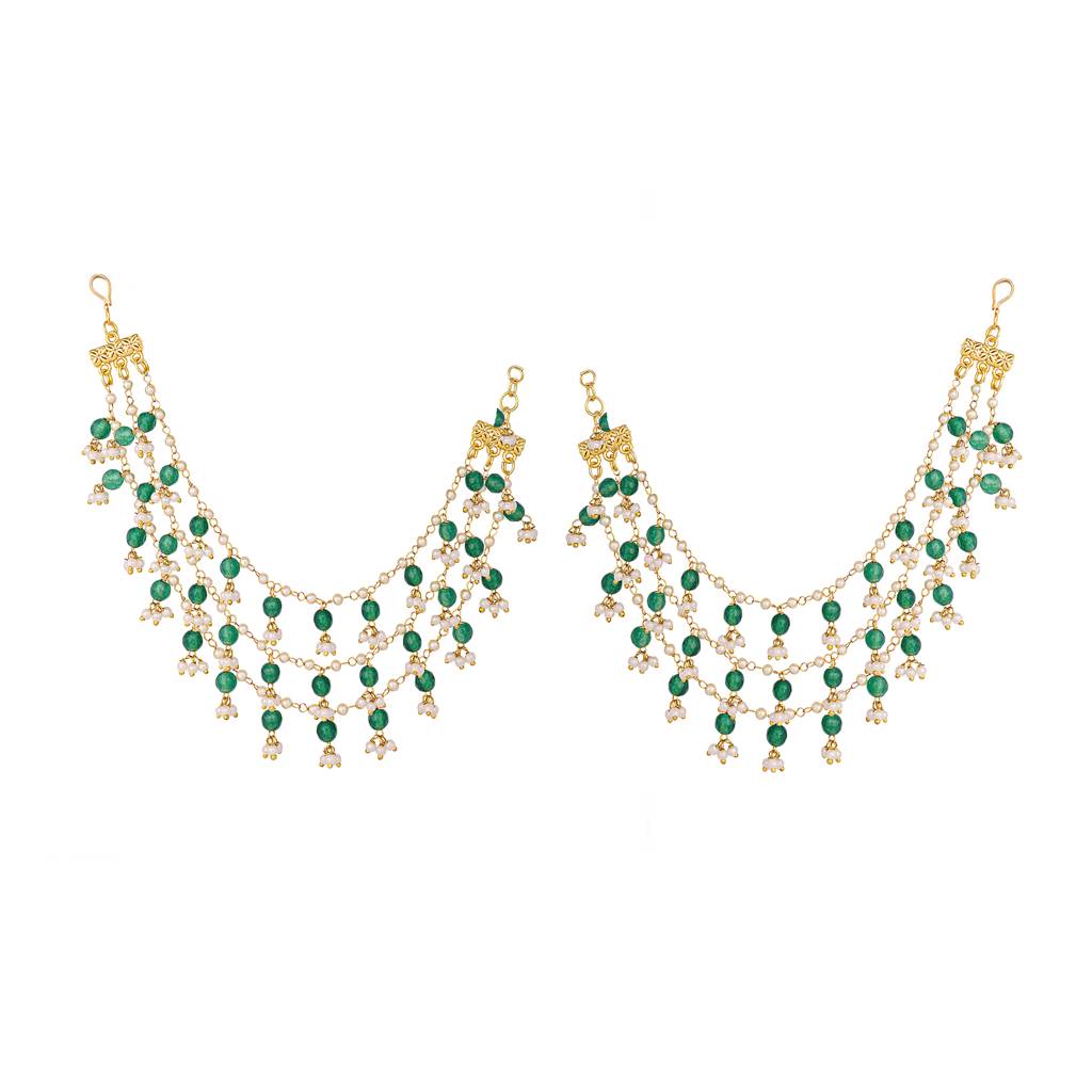 22K Gold Plated Emerald Pearls Triple Strand Ear Chain : YI24A0411H