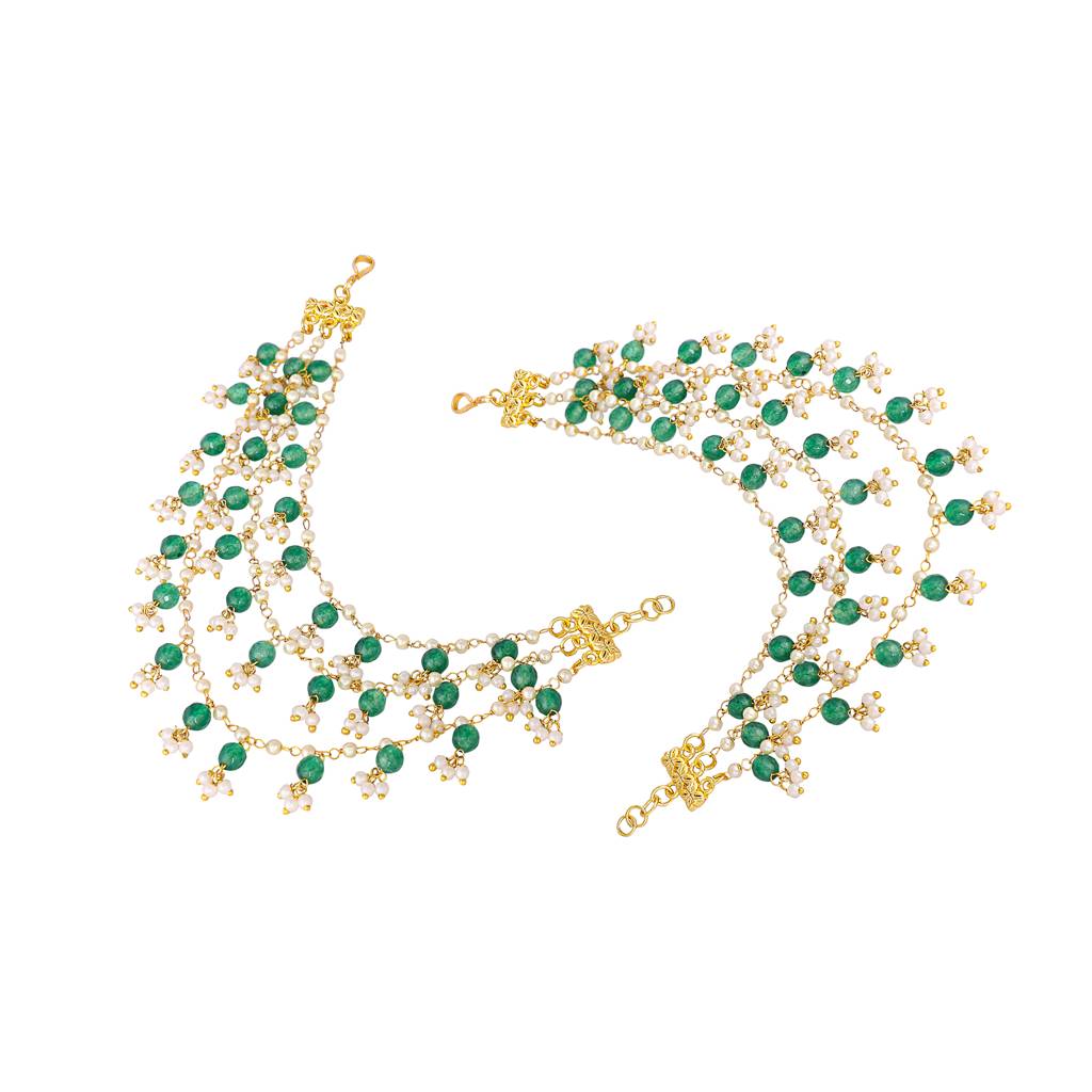 22K Gold Plated Emerald Pearls Triple Strand Ear Chain : YI24A0411H