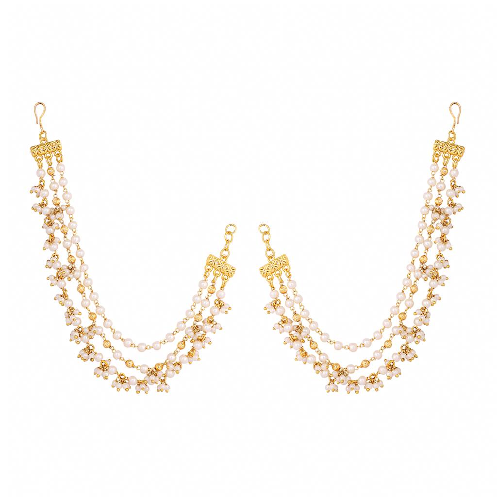 22K Gold Plated Golden Elegance Triple Strand Pearl Ear Chain : YI24A0413H