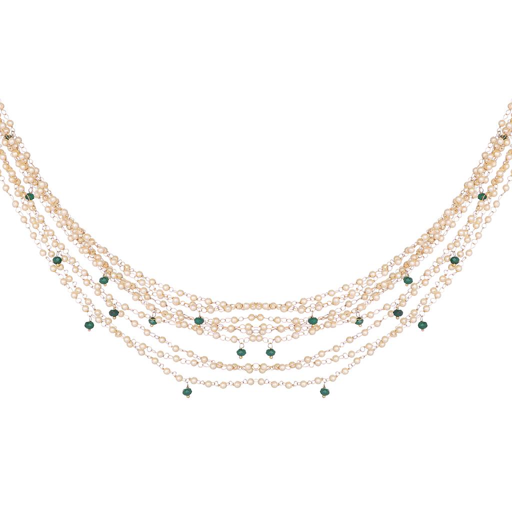 22K Gold Plated Classique Pearl & Emerald Strand Necklace : YI24A0418N