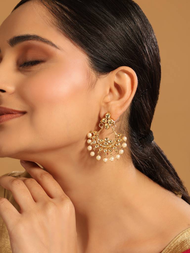 22K Gold Plated Kundan Chandbali Pearl Elegance Earrings : YI24A0323E