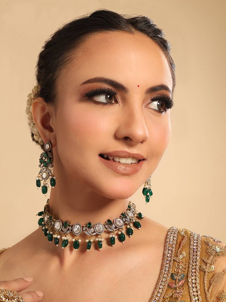 22K Gold Plated Royal Envy Green Kundan Necklace Set : YI24A0534N