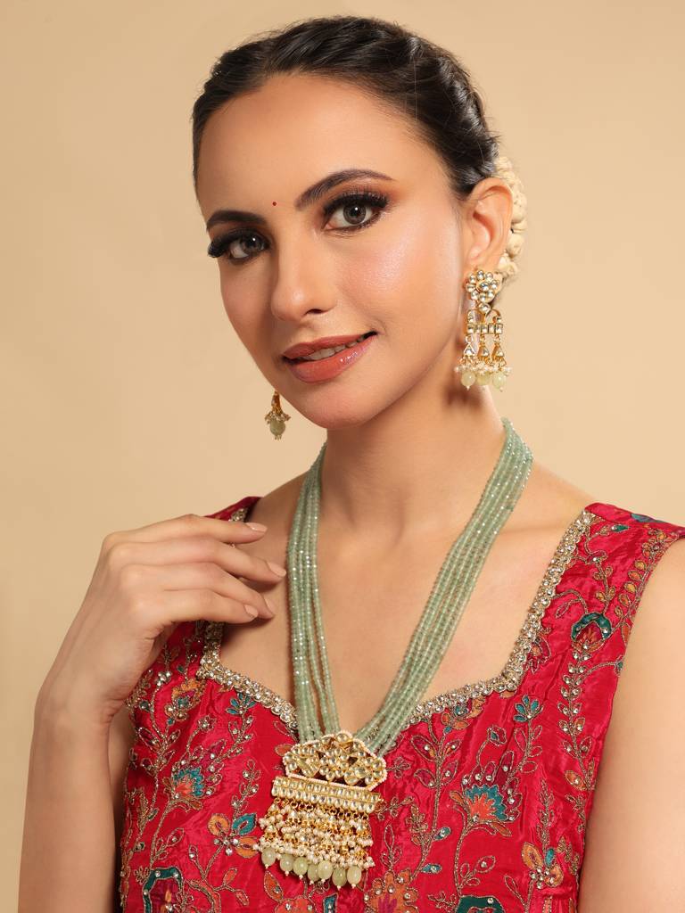 22K Gold Plated Royal Sage Kundan Necklace Set : YI24A0532N