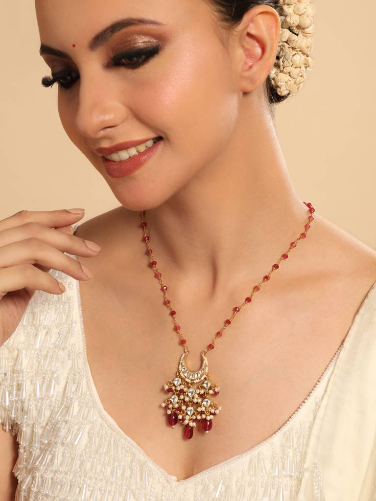 22K Gold Plated Crescent Kundan Ruby Drops Necklace : YI24A0530N