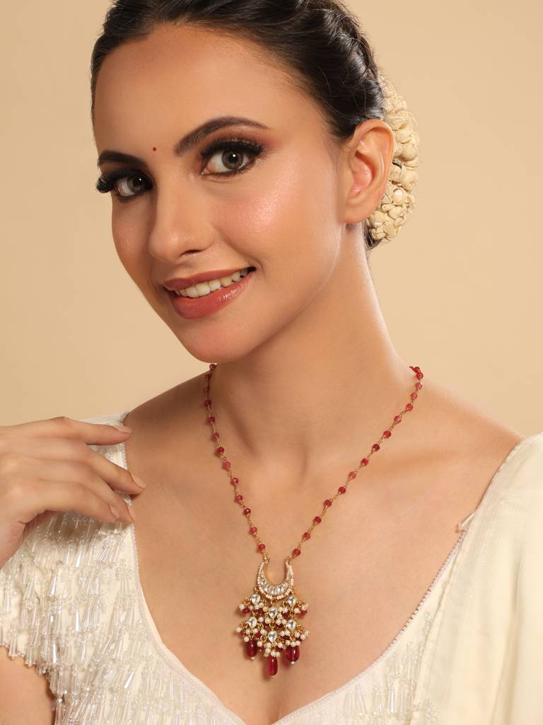 22K Gold Plated Crescent Kundan Ruby Drops Necklace : YI24A0530N