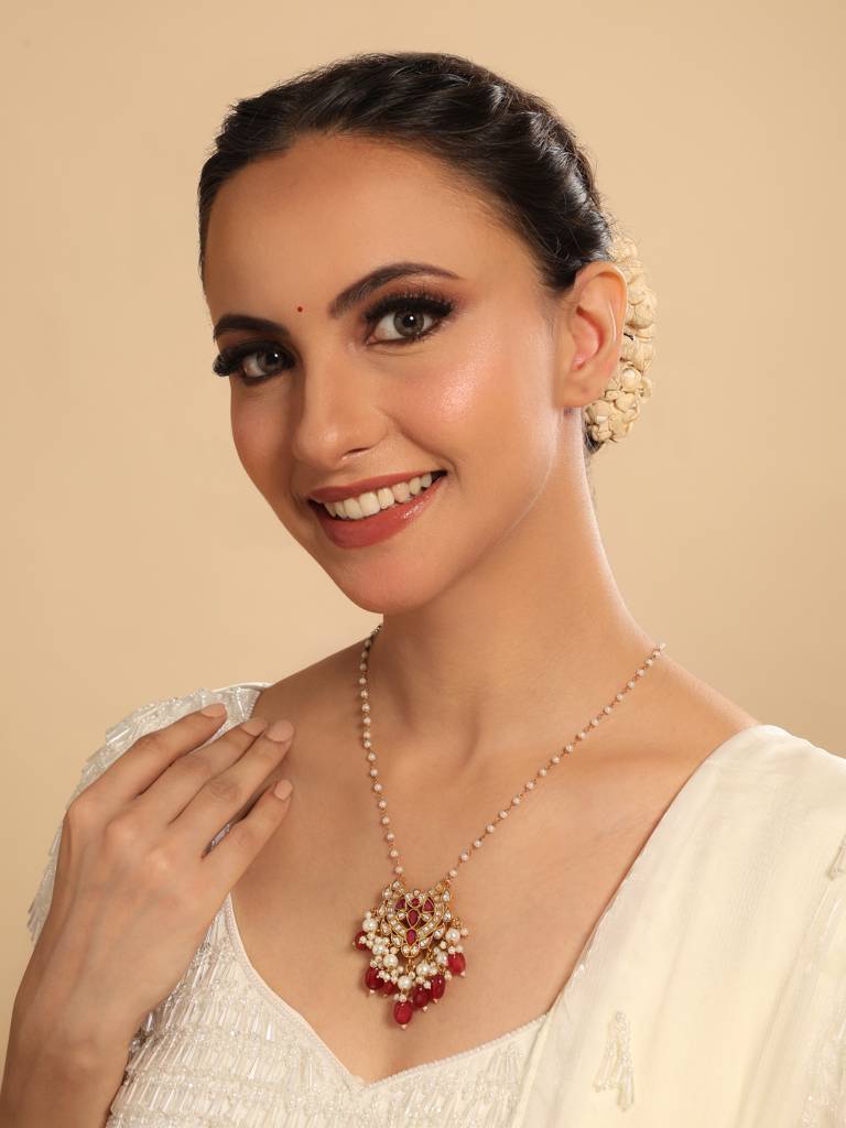 22K Gold Plated Arc Kundan Ruby Drops Necklace : YI24A0529N