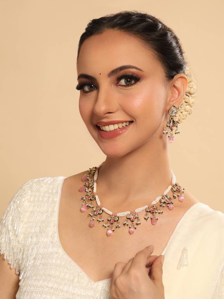 22K Gold Plated Pearl Empress Flora Pink Stone Drops Necklace Set : YI24A0445N
