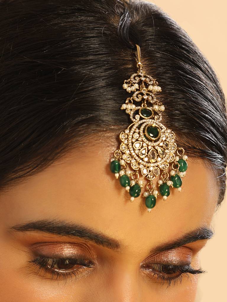 18K Gold Plated Ethereal Green Stone Maang Tikka 18K Gold Plated