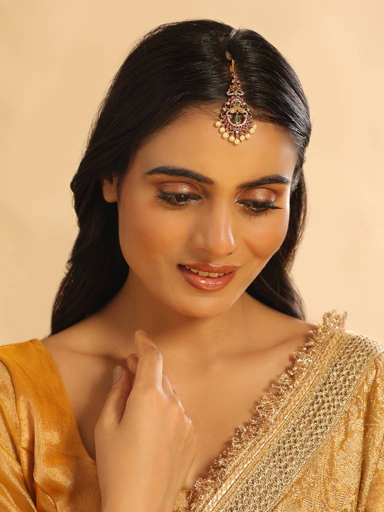 18K Gold Plated Ethereal Dual Color Maang Tikka : YI24A0484H