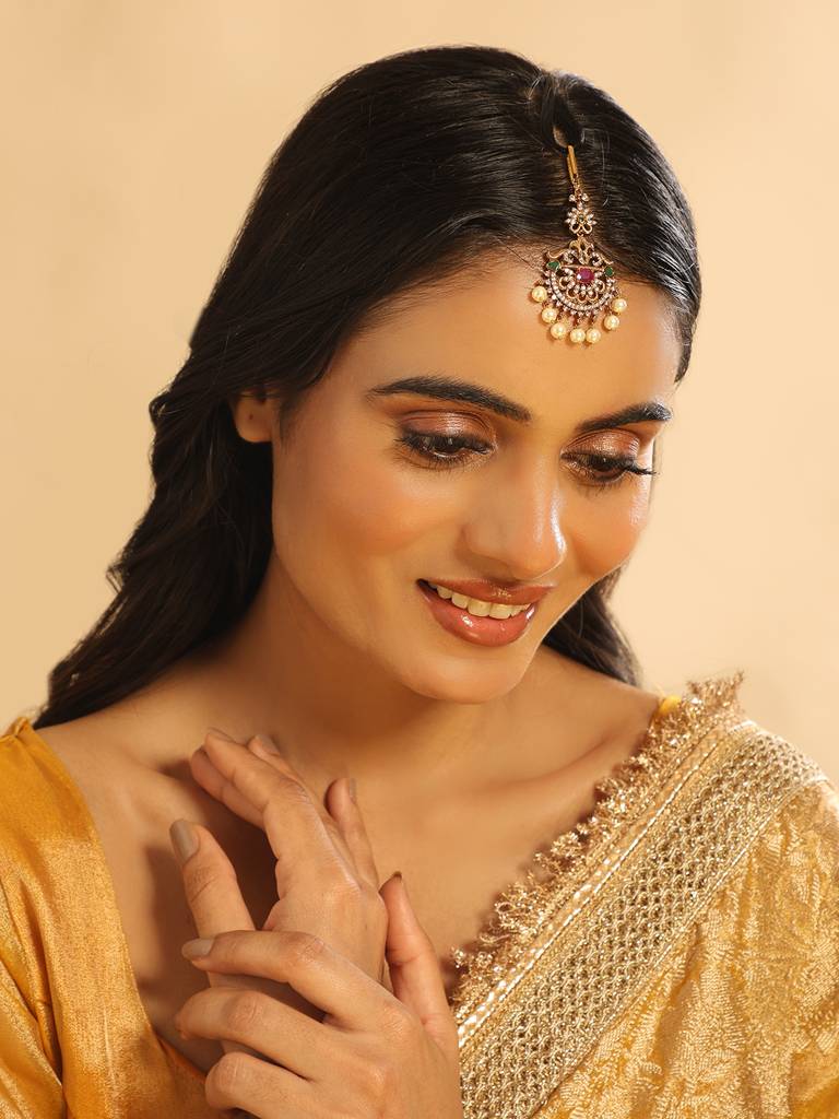 18K Gold Plated Ethereal Gulabi Stone Maang Tikka : YI24A0485H